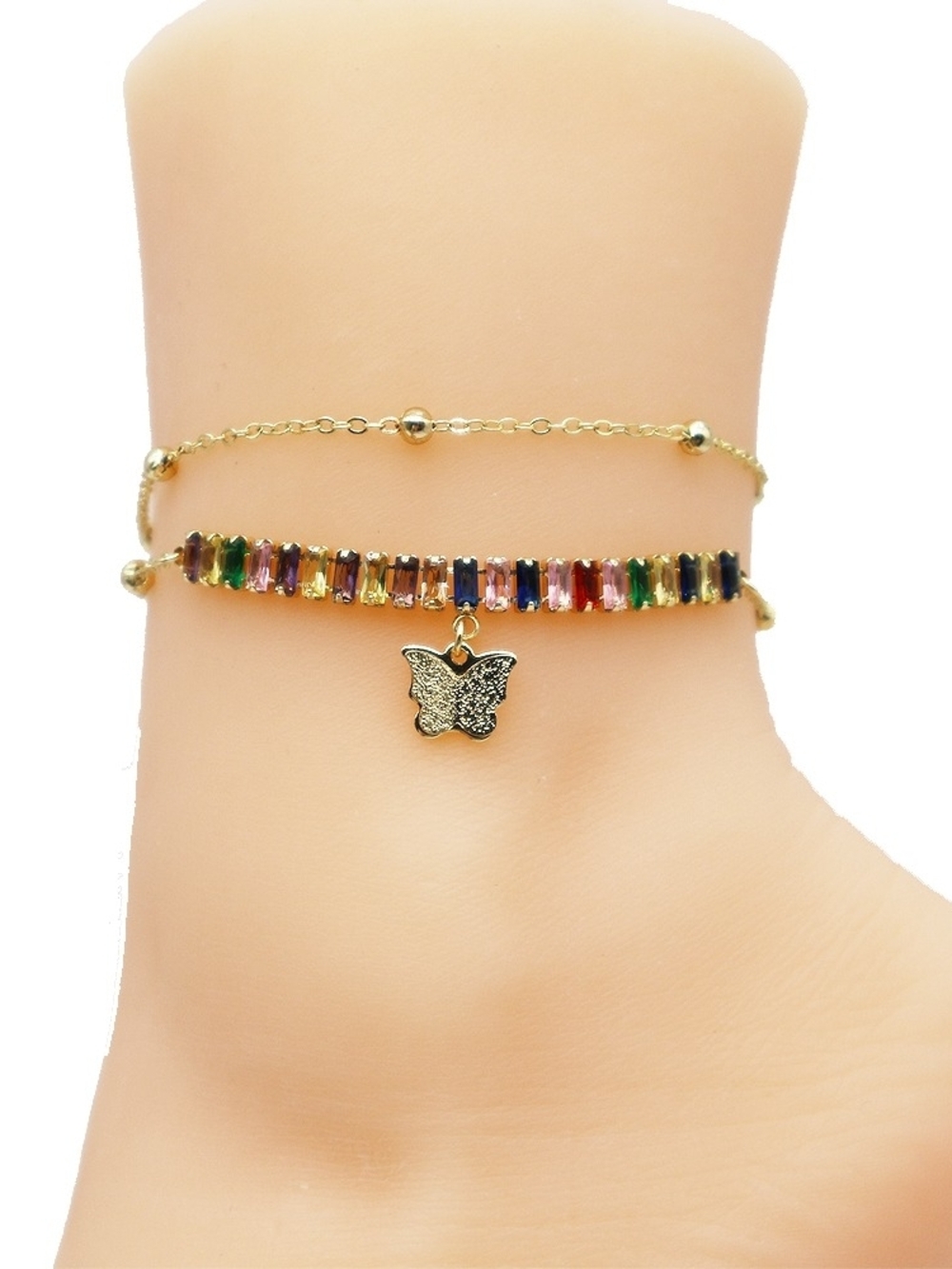 Gold Butterfly Charm Multicolor Stone Anklet - Women Jewelry